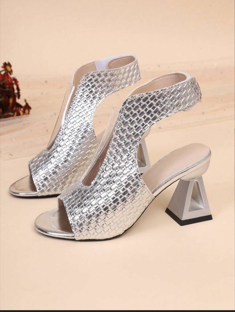 Silver Metallic Open-Toe Velcro Slingback Heels New Size 9